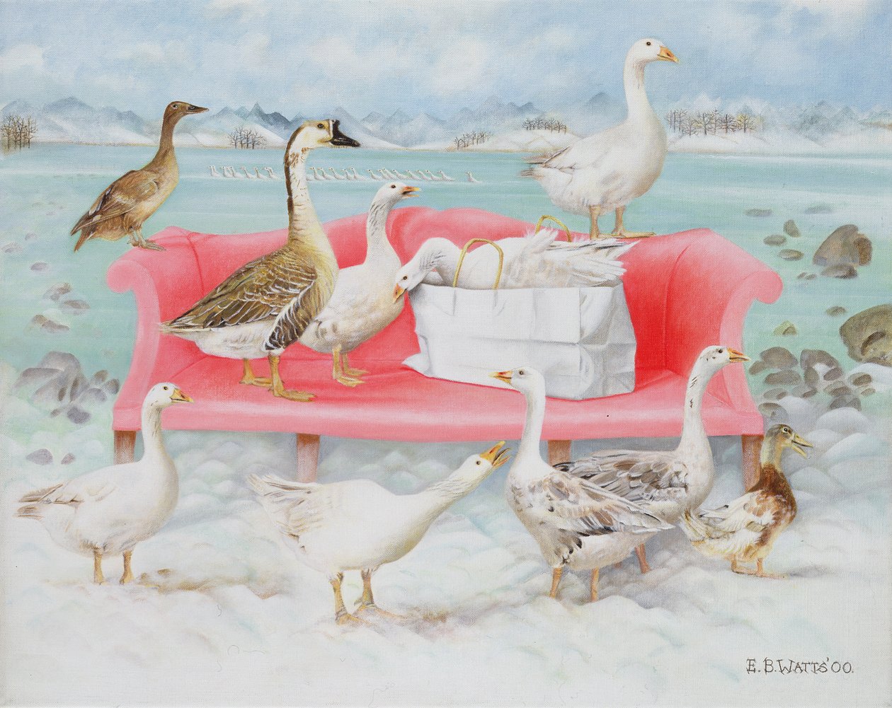 Pembe Koltukta Kazlar, 2000 (tuval üzerine akrilik) by E.B. Watts