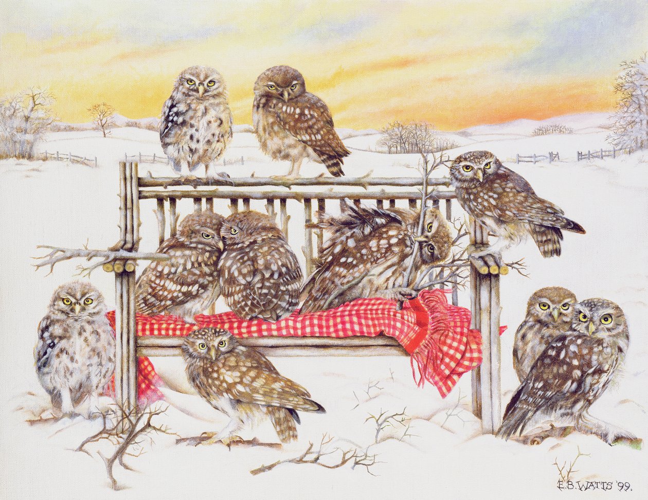 Dal Bankta Küçük Baykuşlar, 1999 (tuval üzerine akrilik) by E.B. Watts