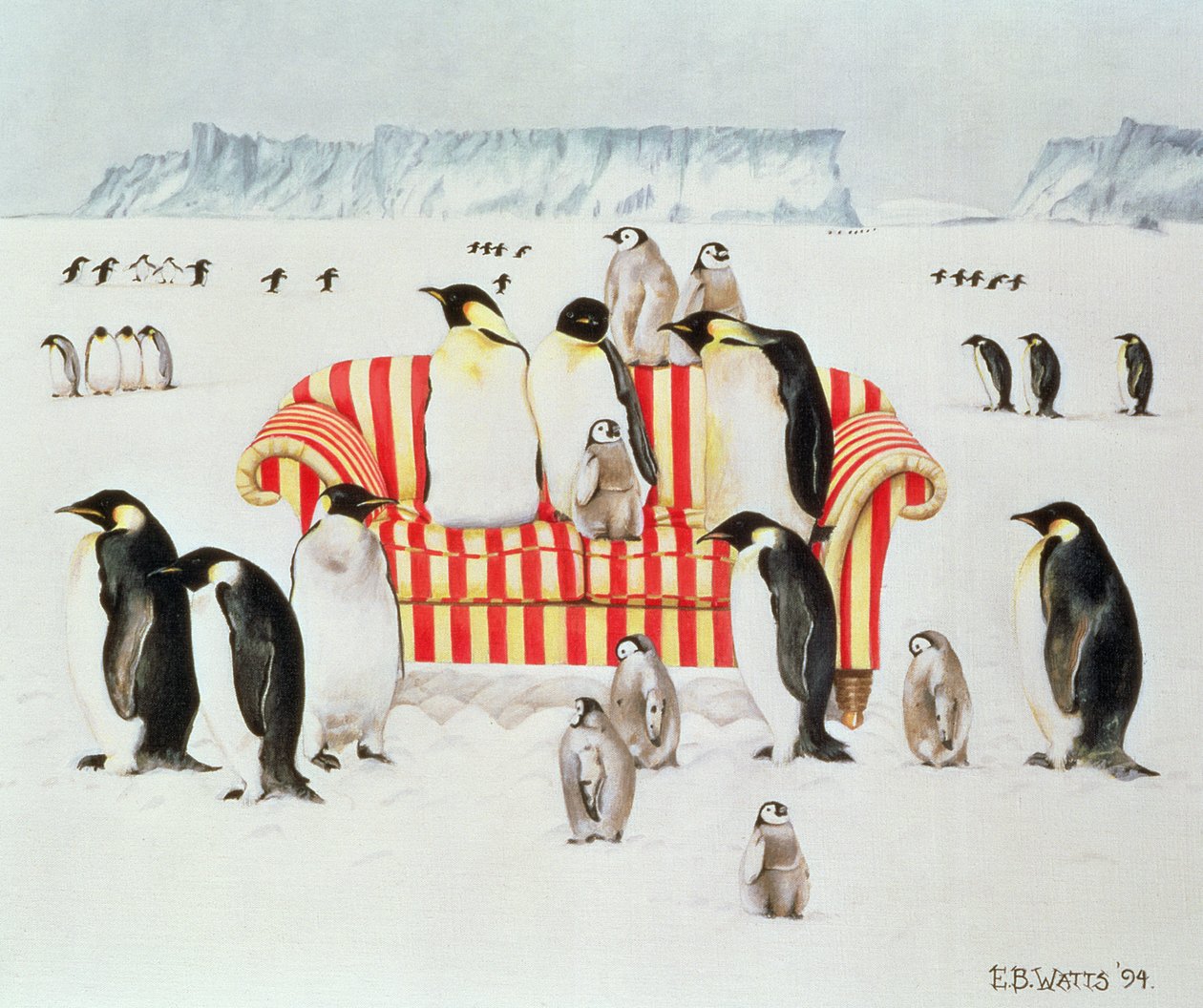 Kırmızı beyaz kanepede penguenler, 1994 (akrilik) by E.B. Watts