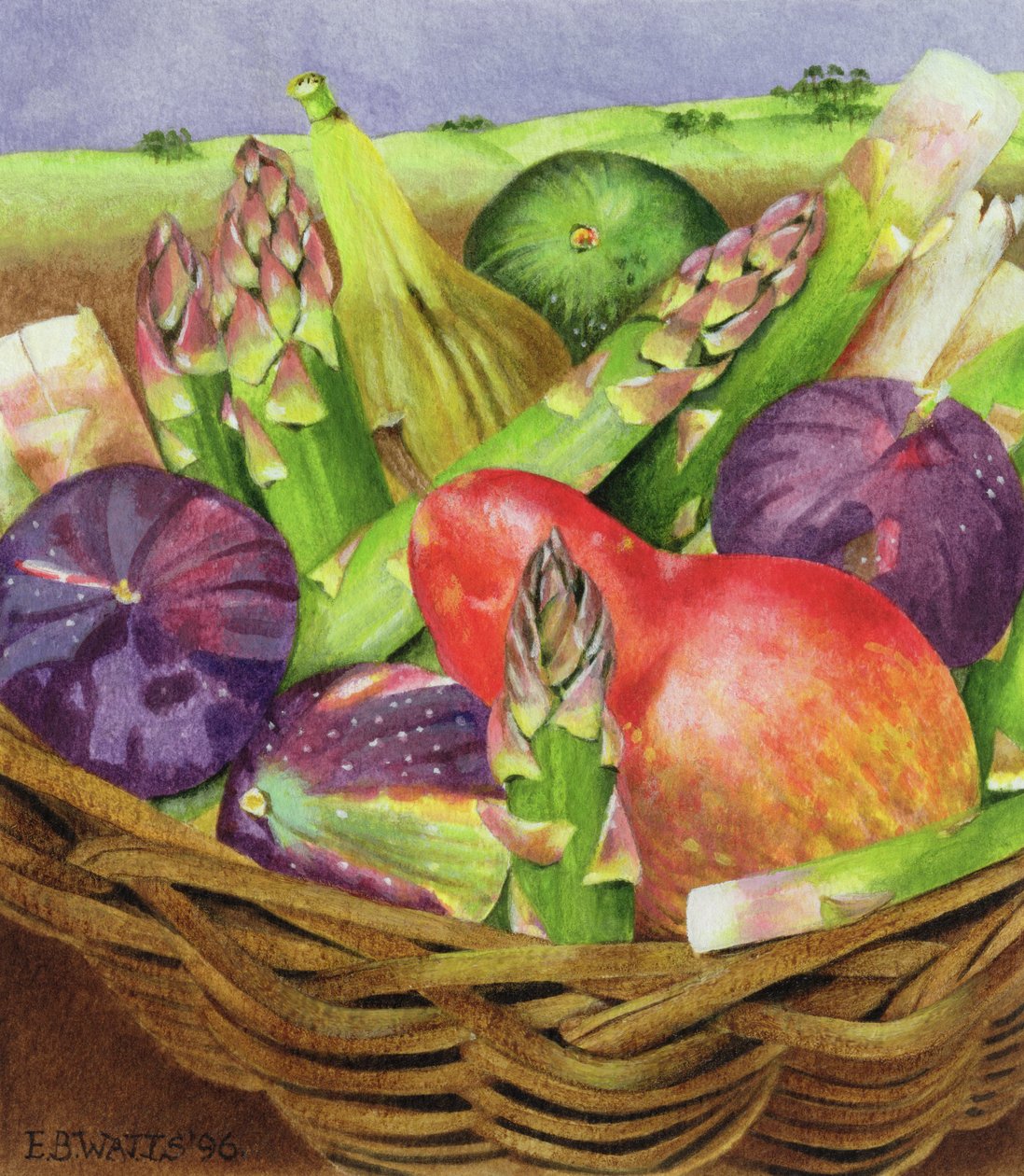 İncirli ve Kuşkonmazlı Kırmızı Armut, 1996 (kağıt üzerine akrilik) by E.B. Watts