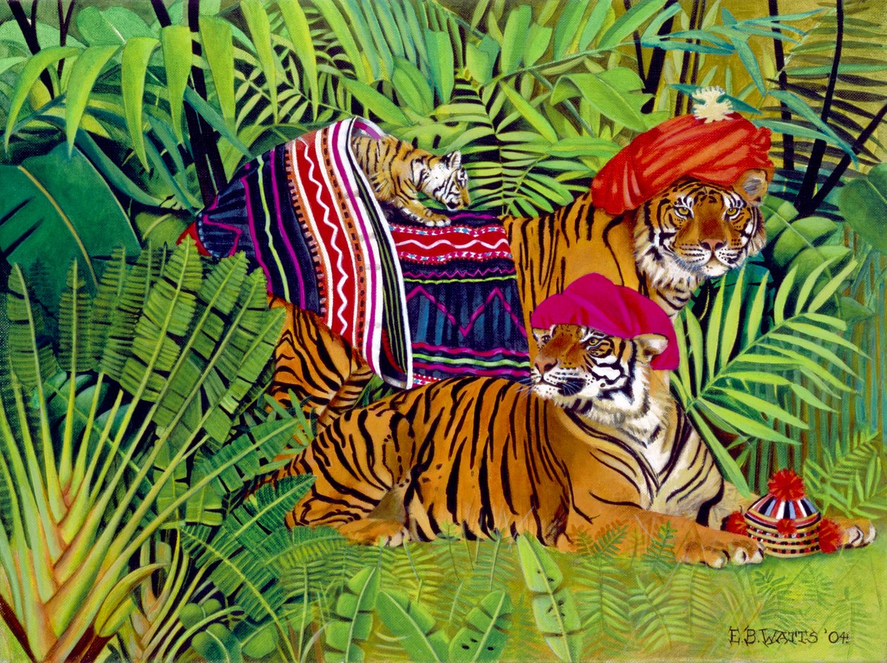 Tay Giysili Kaplan Ailesi, 2004 (tuval üzerine akrilik) by E.B. Watts