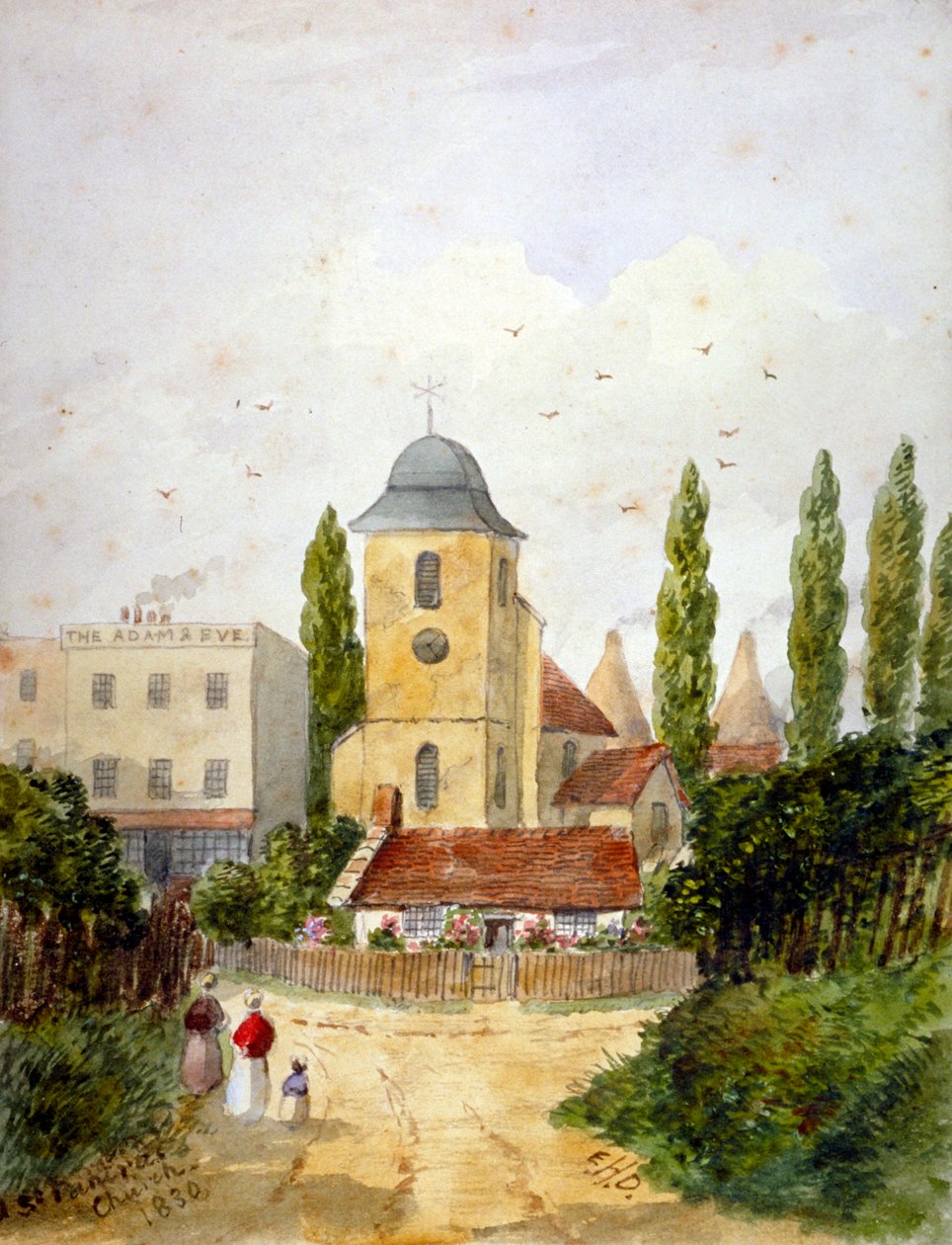 St Pancras Eski Kilisesi ve Adem ve Havva Tavernası, Londra, 1830. by EH Dixon