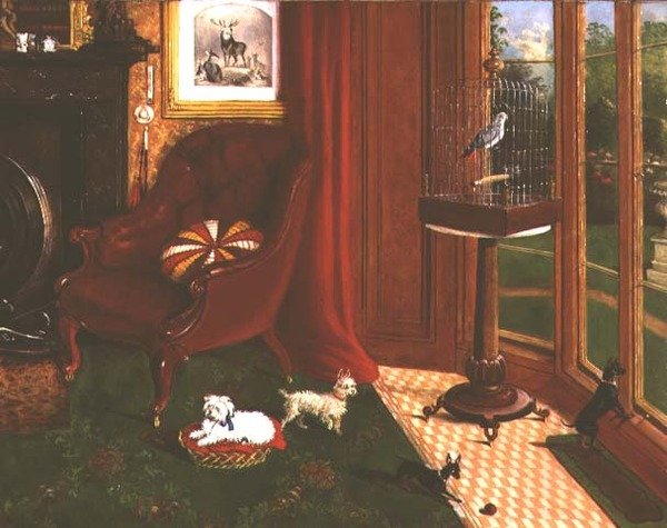 Bir kafeste teriyer ve papağan ile iç by E.M. Fox