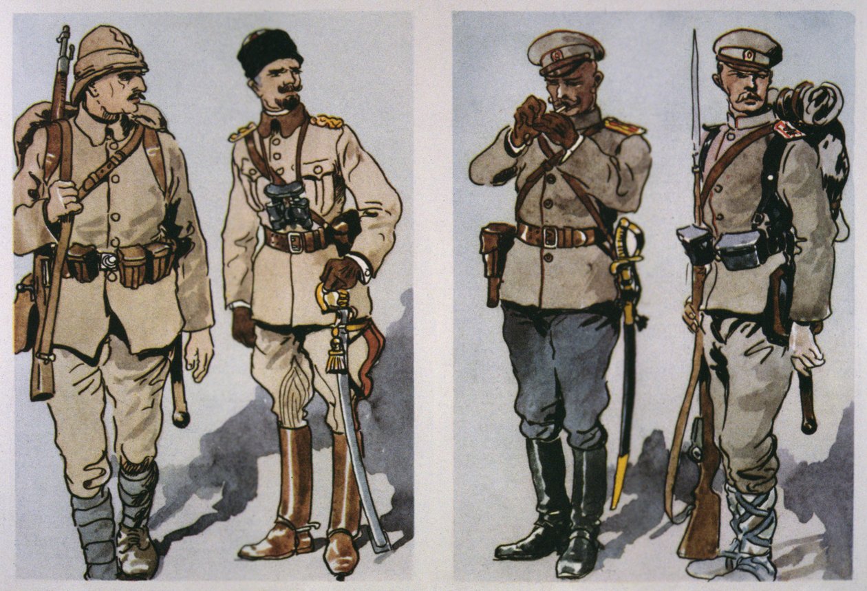 Türk Piyade ve Subay (solda) ve 1917 Bulgar Piyade Subay ve Piyade (sağda) 1917 (renkli lito) by E. (after) Dobrich