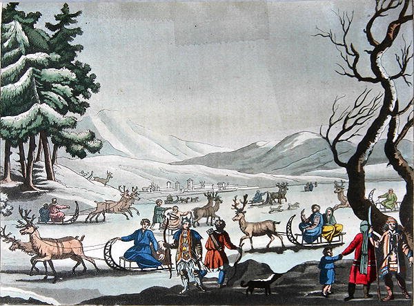 Ren geyiği tarafından çekilen kızaklarda kış kampından ayrılan Tungus, 1820 dolayları (renkli gravür) by E. (after) Karnejeff
