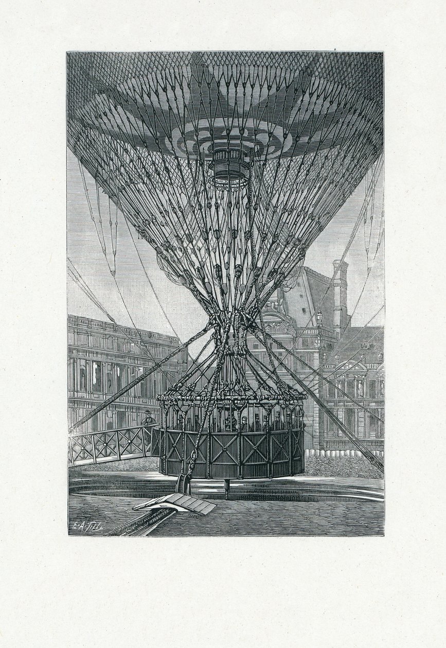 Sıcak Hava Balonu kullanarak Panoramik Görüntüleme Platformu, pub. c.1880 (bw gravür) by E. A. Tilly