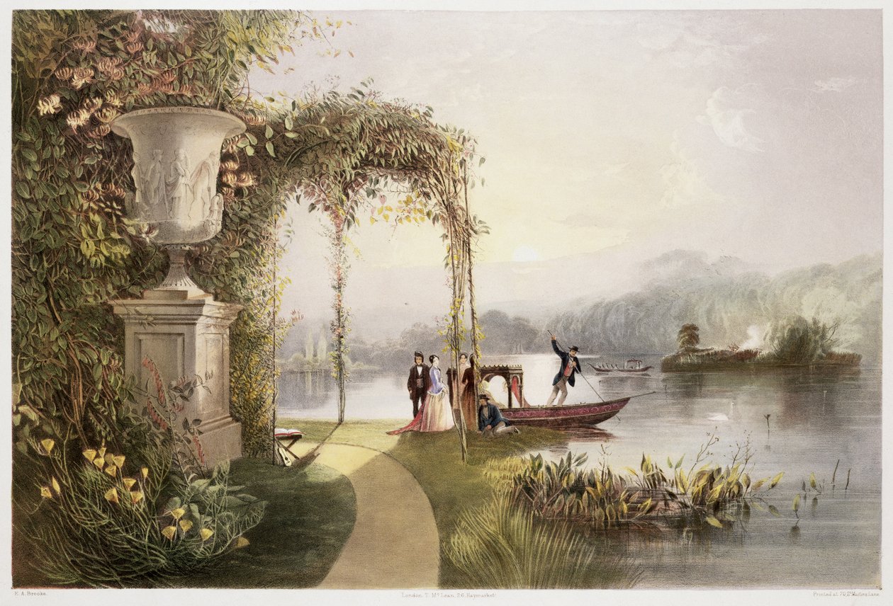 The Lake, Trentham Hall Gardens, 'The Gardens of England'dan, 1857'de yayınlandı (chromolitho) by E. Adveno Brooke