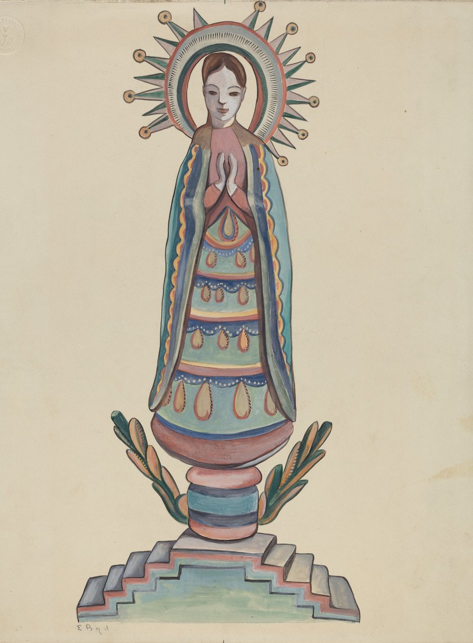 New Mexico, "Bulto", Çok Renkli Ahşap Figür by E. Boyd
