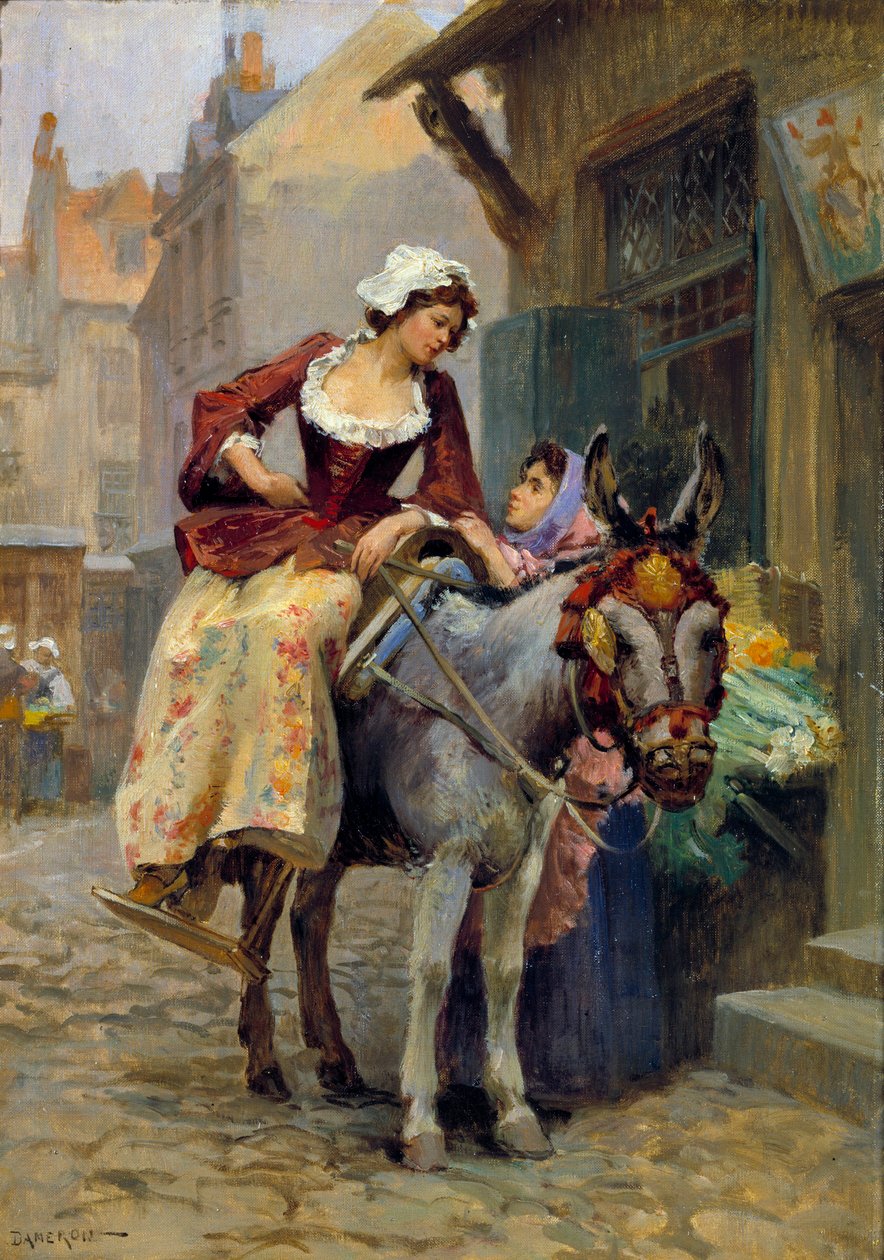 Küçük eşek. Bir eşeğe amazona binen bir kadın, ayakları uygun bir oluk içinde. E. Dameron (18. yüzyıl) Özel koleksiyon by E. Dameron