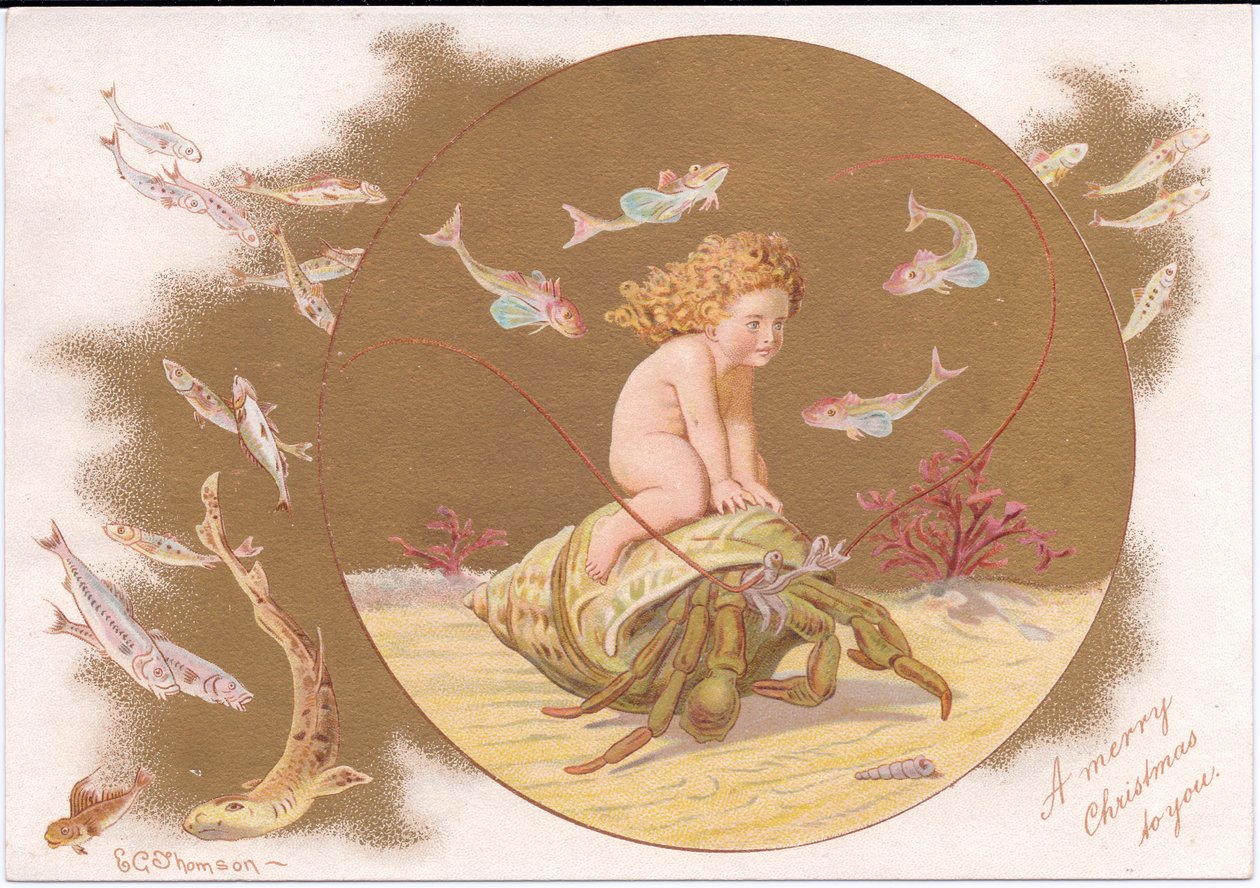 Bir balık sürüsü ile çevrili bir su bebeği tarafından basılan bir kabuktaki bir keşiş yengecinin Viktorya dönemine ait bir Noel kartı, Gertrude Thompson, 1895 dolayları (renkli taş) by E. Gertrude Thompson