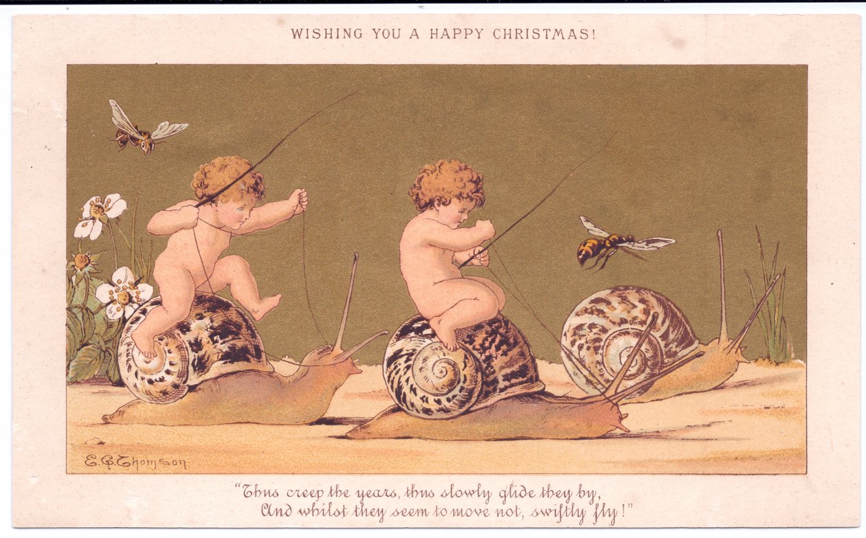 Altın bir arka plana karşı eşekarısı eşliğinde salyangozlara binen iki çıplak bebekten oluşan Viktorya dönemine ait bir Noel kartı, 1895 dolayları (renkli lito) by E. Gertrude Thompson