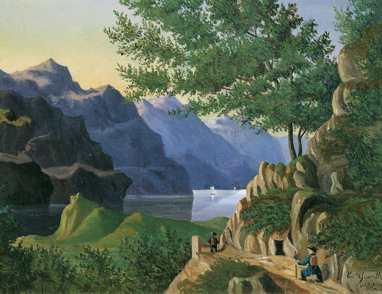 Yürüyüşçüler ile dağ gölü by E. Guenther