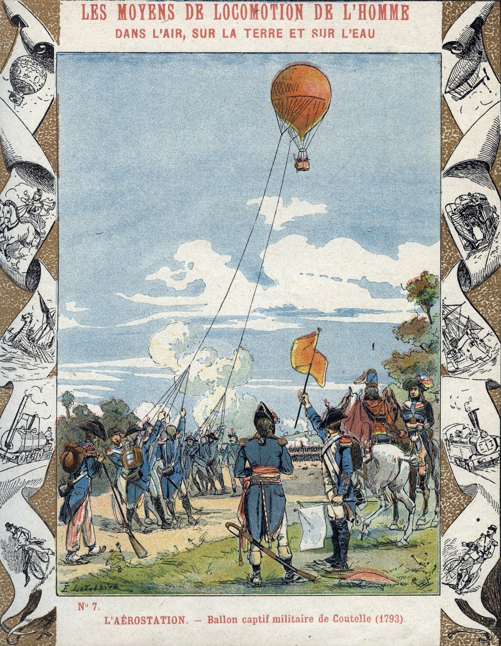 Fransız mühendis Jean Marie Joseph (Jean-Marie-Joseph) Coutelle (1748-1835) tarafından Fransız Devrim ordularının düşmanlarını gözetlemesi için inşa edilen balon by E. Letellier