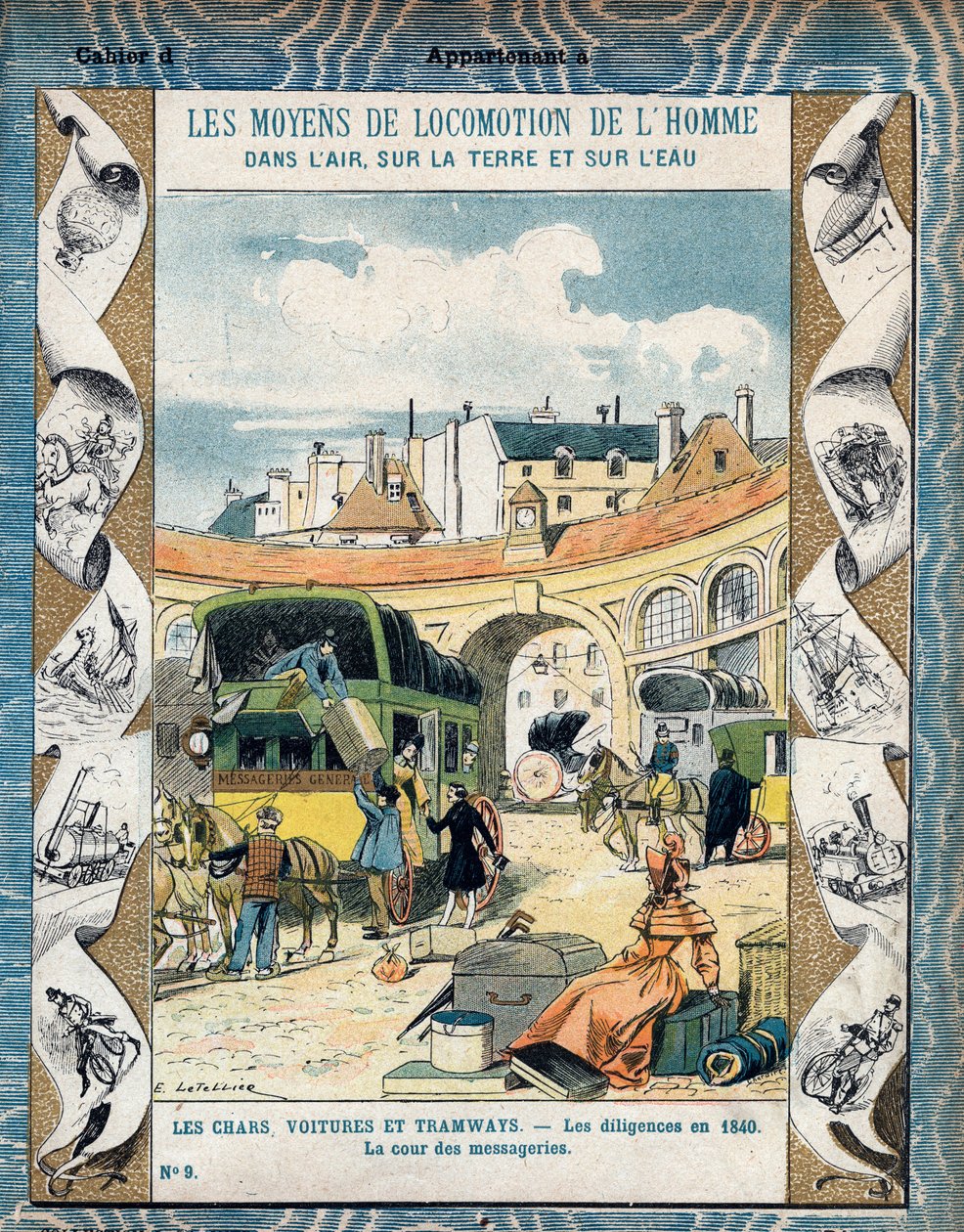 Çalışkanlık tr 1840 - la cour des messageries - 1840 yılında posta arabası - Okul kitapları için koruyucu kılıftan, 19. yüzyıl sonu - çizim E. Letellier - Protege notebook historique, fin 19. yüzyıl - by E. Letellier