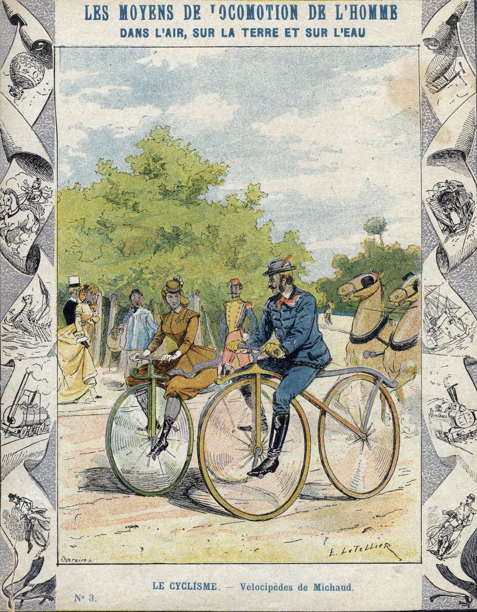 Pierre Michaux ve Michaudine velocipedes - 19. yüzyılın sonlarında okul kitapları için koruyucu bir kılıftan - velocipedes a pedale (les michaudines) Pierre Michaux (1813-1883) by E. Letellier