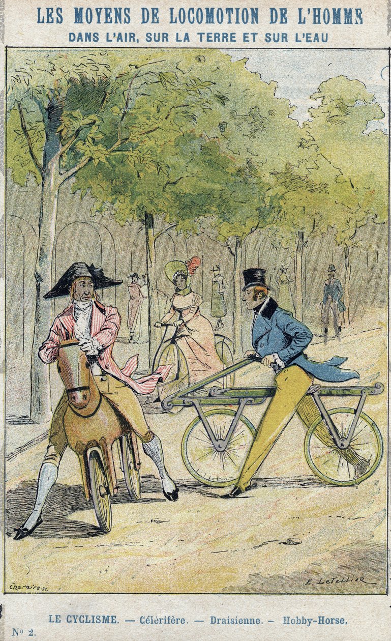 Velocipedes - İngiliz celerifere - Draisienne, bisikletin atası - Okul kitapları için koruyucu kılıftan, 19. yüzyılın sonları - çizim E Letellier - Celerifere - Draisienne - Hobby-Horse (Nobby Horse) - Tarihi defteri koru, yüzgeç 19t by E. Letellier