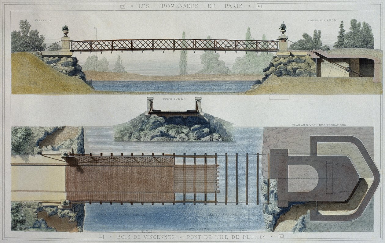 Bois de Vincennes ve Reuilly ada köprüsü, Jean Joseph Sulpis (1826-1911) tarafından oyulmuş 'Promenades de Paris'ten bir çizim by E. and Dardoize, Louis Emile Hochereau