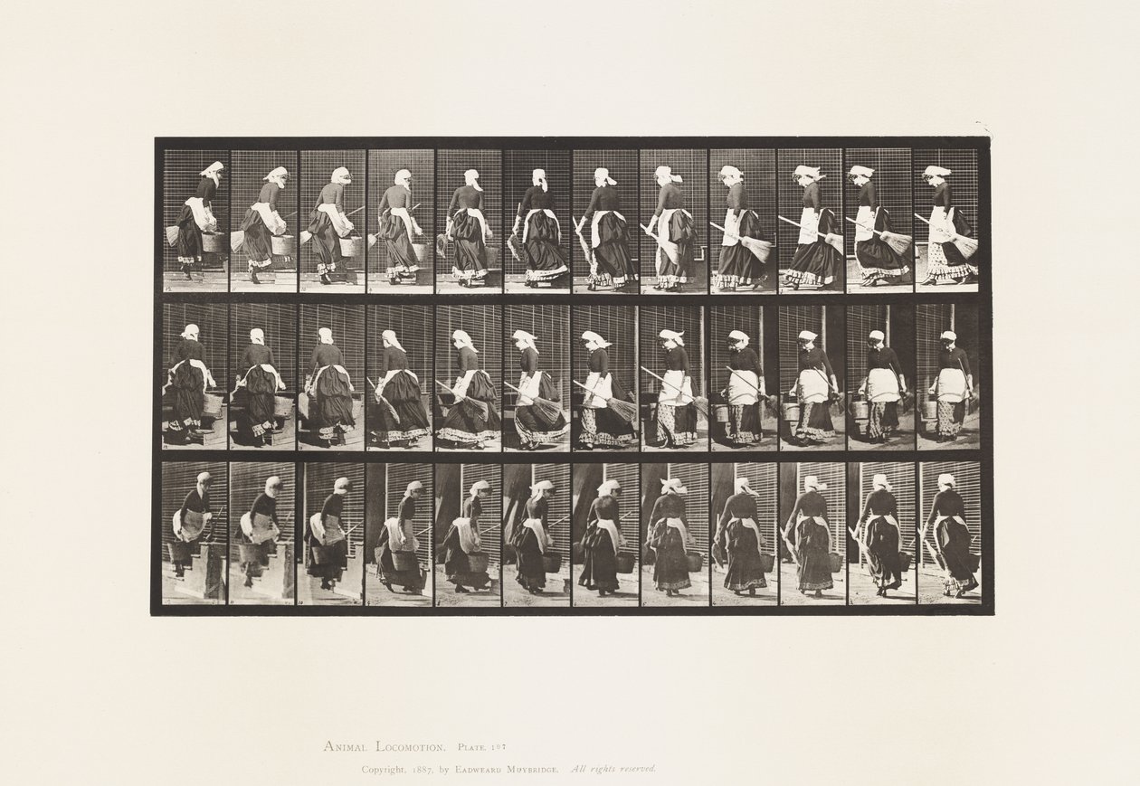 Levha 107. Merdivenleri Çıkmak İçin Dönmek, Elinde Su Kovası ve Süpürge by Eadweard Muybridge