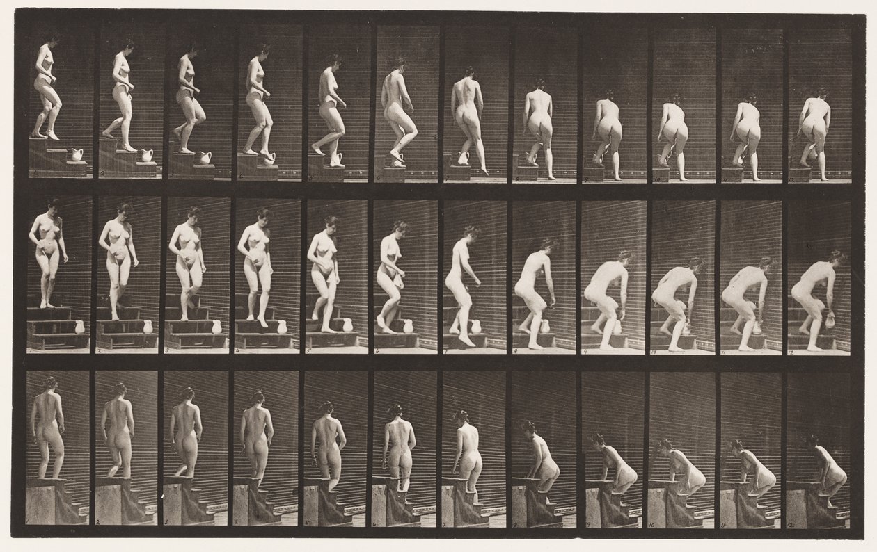 Plaka 149. İnen Merdivenler; Sürahi Kaldırmak İçin Eğilmek, 1872-1885 by Eadweard Muybridge