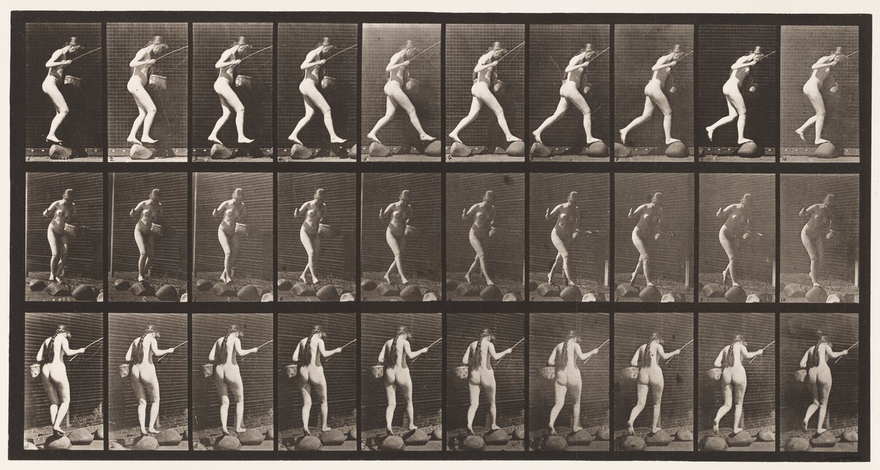 Levha 176. Basamak Taşları Üzerinden Dereyi Olta ve Sepetle Geçiş by Eadweard Muybridge