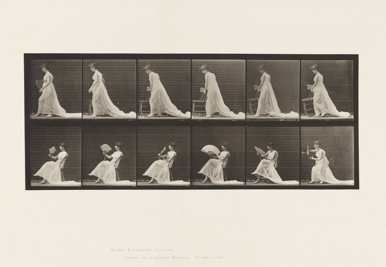 Plaka 242. Sandalye Yerleştirme, Bir Yelpazeyle Oturup Flört Etme, 1885 by Eadweard Muybridge