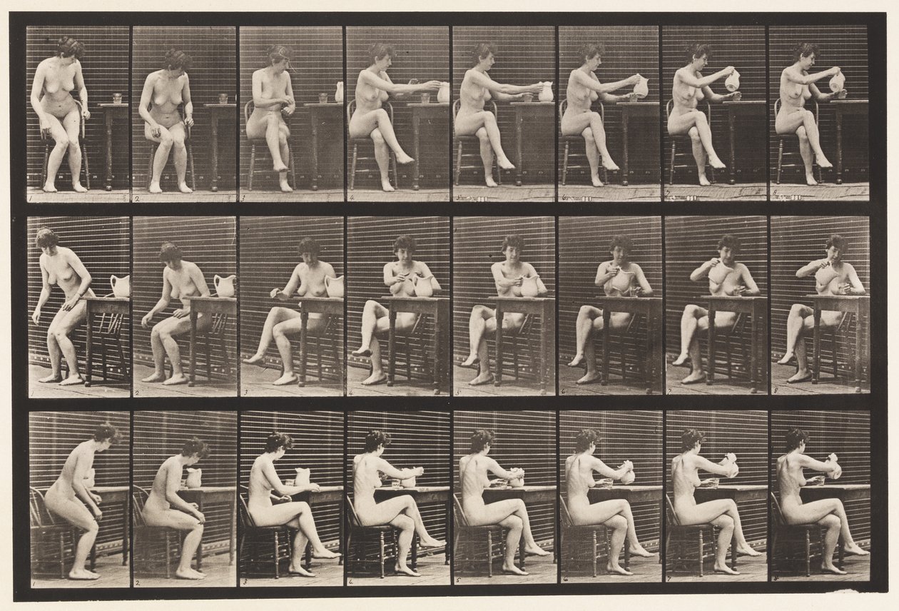 Tabak 244. Bacak bacak üstüne atarak Oturan, Sürahiden Kadeh Dolduran by Eadweard Muybridge