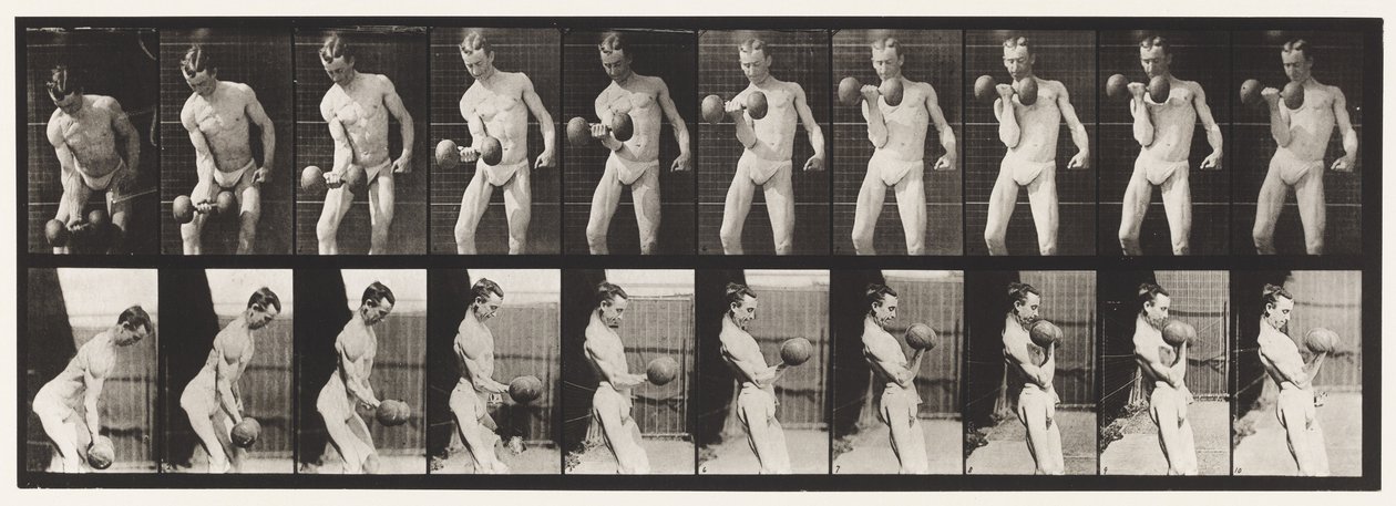 Plaka 324. Kıvrılma 50-lb. Dumb-Bell, Model, 3/4 uzunluk by Eadweard Muybridge