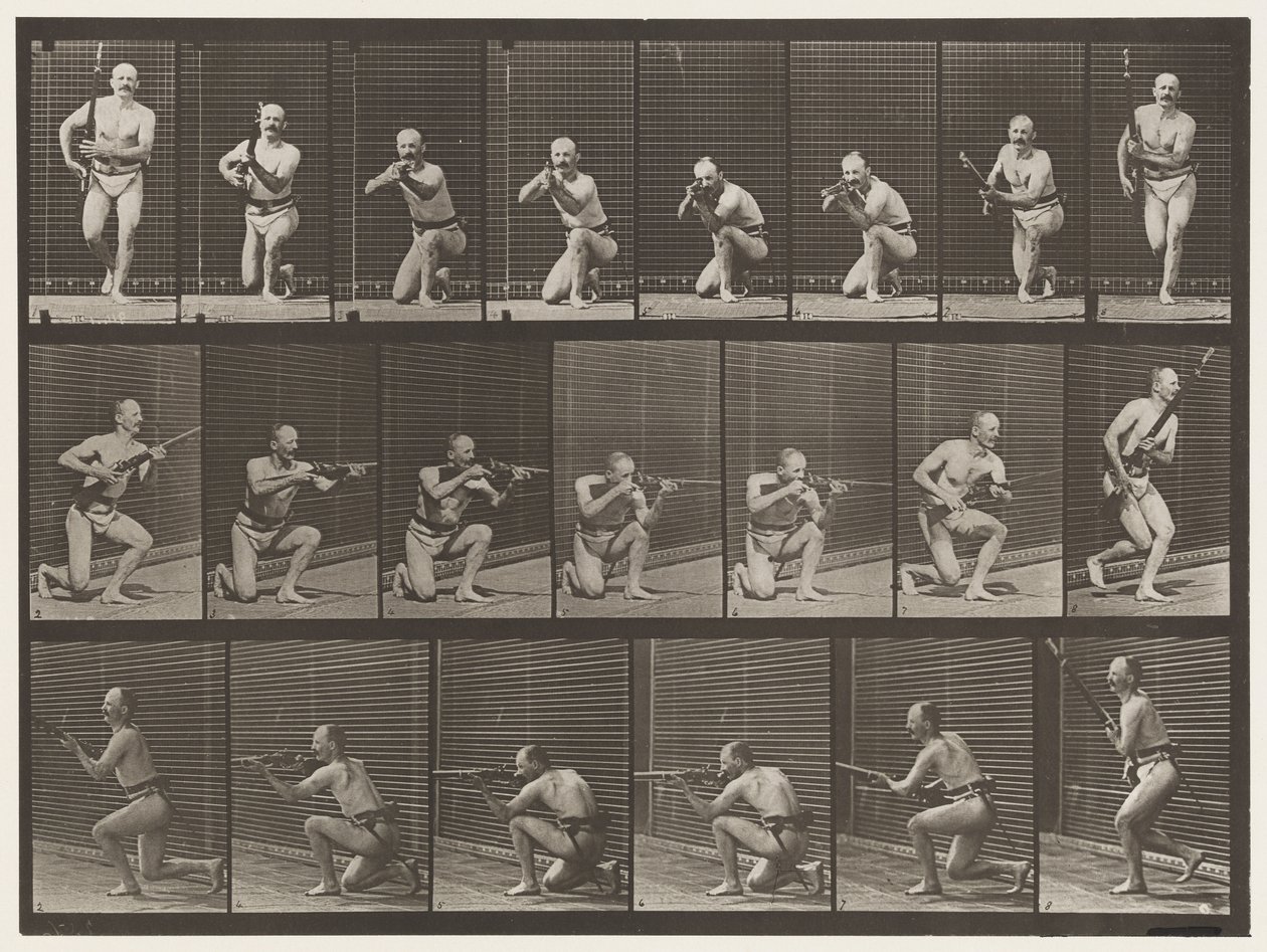Levha 356. Diz Çökme, Ateş Etme ve Kalkma by Eadweard Muybridge