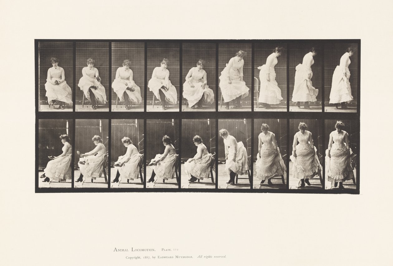 Plaka 422.Tuvalet; Ayakkabı Giymek ve Sandalyeden Kalkmak, 1885 by Eadweard Muybridge