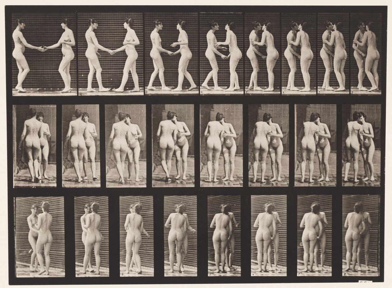 Levha 444. El sıkışan ve öpüşen iki model by Eadweard Muybridge