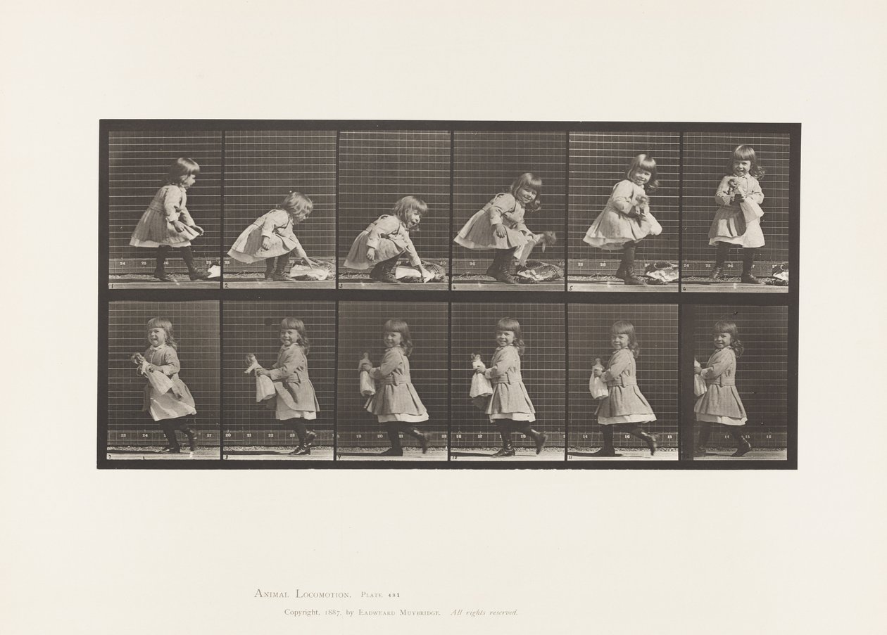 Plaka 481. Çocuk, Oyuncak Bebek Kaldırma, Dönme ve Yürüme, 1885 by Eadweard Muybridge