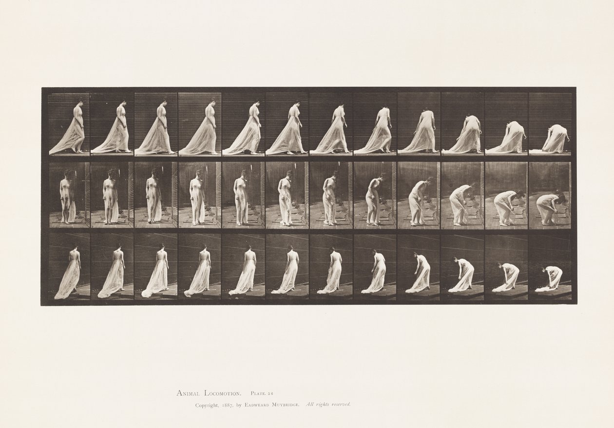 Plaka 56. Treni Kaldırmak İçin Yürüme, Dönme ve Eğilme by Eadweard Muybridge