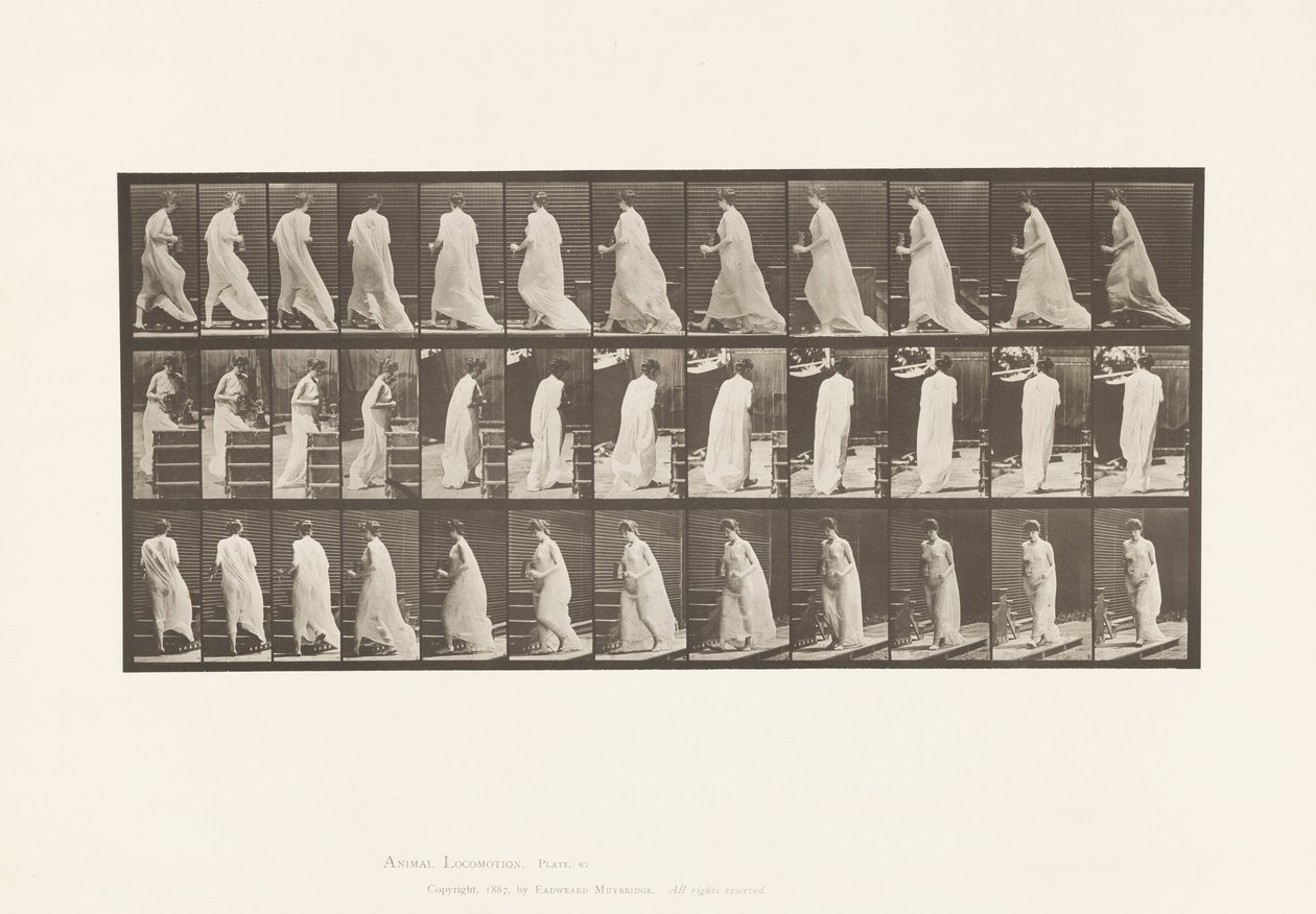 Plaka 97. Elinde Sürahi ve Kadehle Merdivenleri Çıkmak İçin Dönmek by Eadweard Muybridge