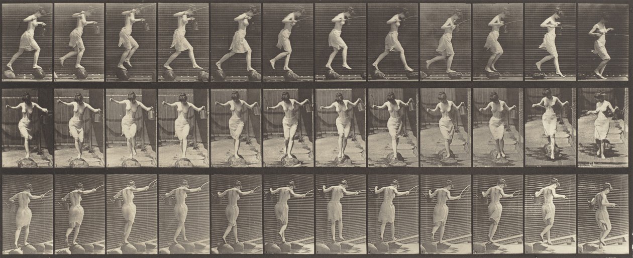Plaka Numarası 175. Basamak taşları üzerinde olta ve teneke kutu ile dere geçmek by Eadweard Muybridge