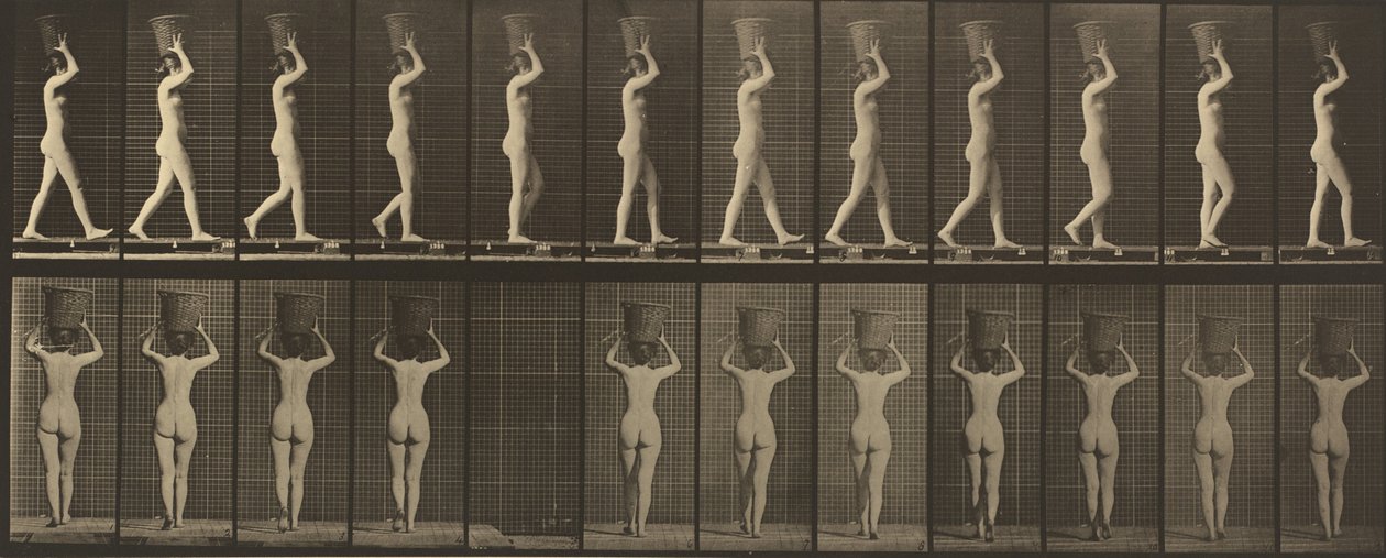 Plaka Numarası 34. Yürümek ve 15 libre taşımak. kafasına sepet, eller kaldırdı by Eadweard Muybridge