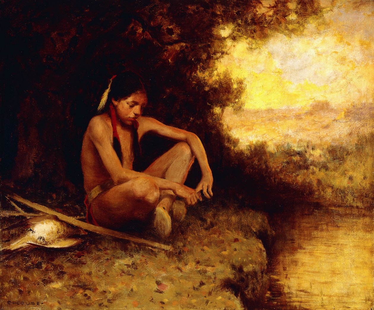 Dere kenarındaki genç avcı (tuval üzerine yağlı boya) by Eanger Irving Couse