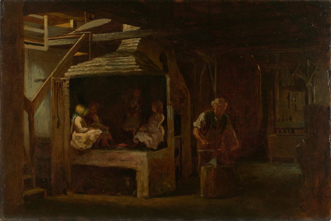 Demirci Dükkanı (preslenmiş ahşap elyaf levha üzerinde yağ) by Eastman Johnson