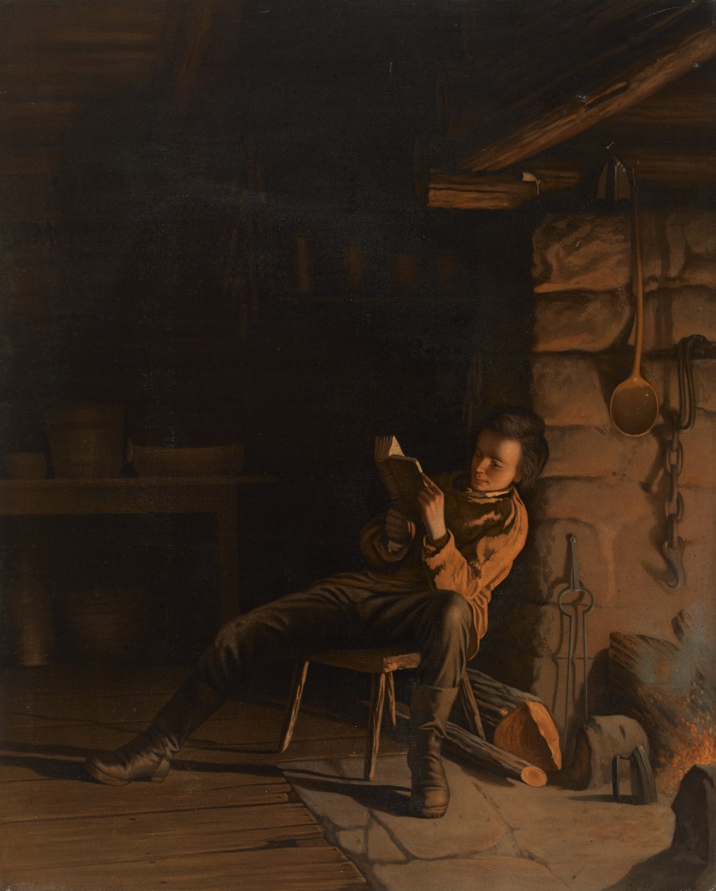 The Boyhood of Lincoln. (An Evening in the Log Hut.), 1868 (chromolithograph on paper on board) by Eastman Johnson
