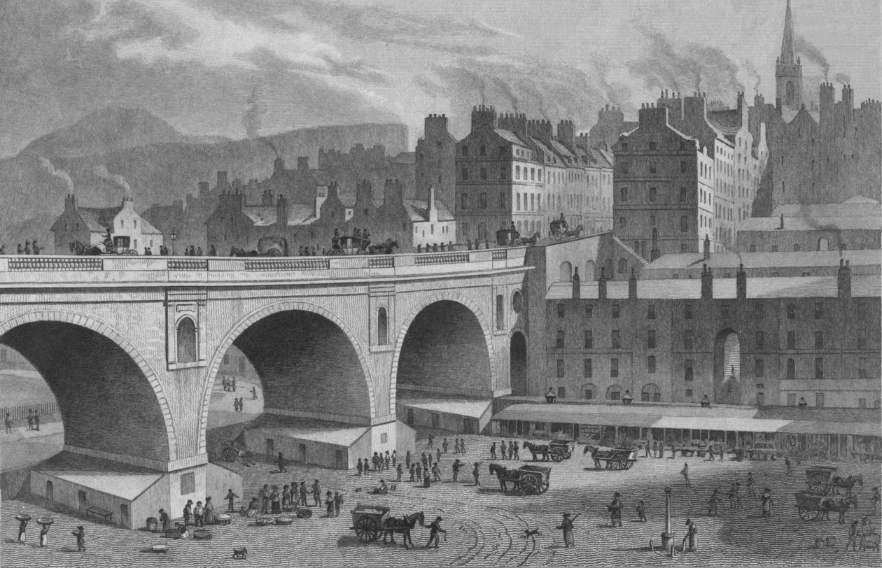 Sebze ve Balık Pazarı, Gökkuşağı Galerisinden, Edinburgh, 1830. by Ebenezer Stalker