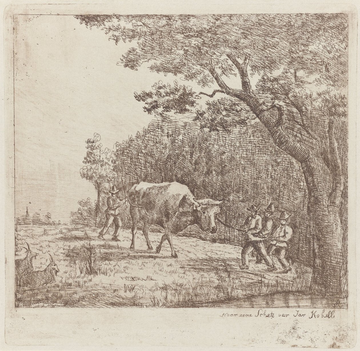 Dört adam ve bir boğa Bir Vahşi Boğa (nesne üzerindeki başlık) by Eberhard Cornelis Rahms