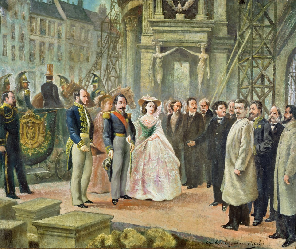 Baron Georges-Eugene Haussmann (1809-91) Napoleon III (1808-73) and Empress Eugenie (1826-1920) Visiting the Workers at the Opera  by Ed. Gilis