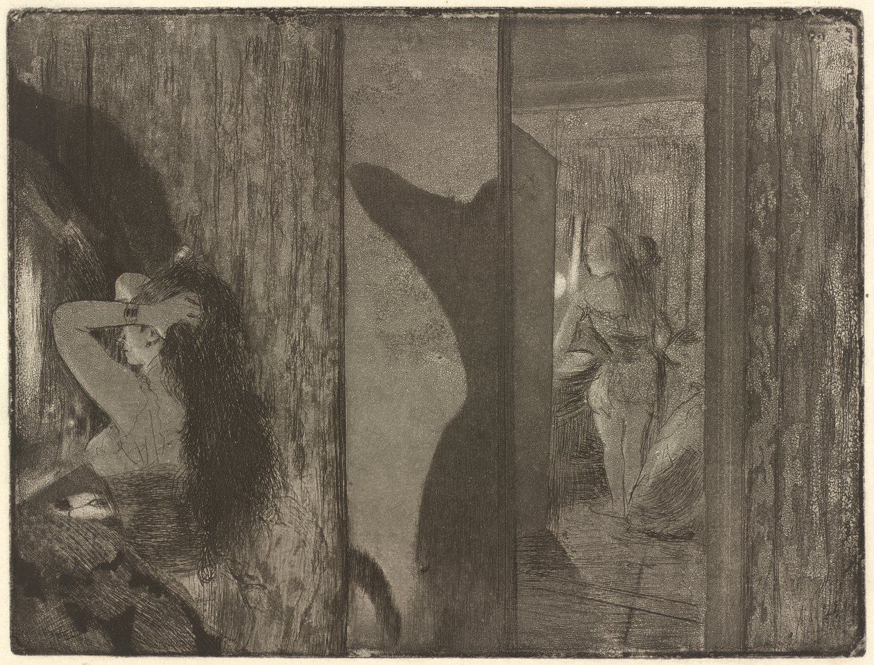 Giyinme Odalarındaki Aktrisler, 1879-1880 (dokuma kağıt üzerine gravür ve aquatint) by Edgar Degas