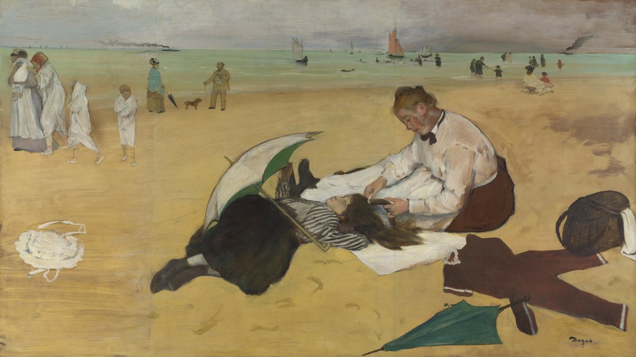 Beach scene: little girl having her hair combed by her nanny, c.1876-77 (oil on paper) by Edgar Degas