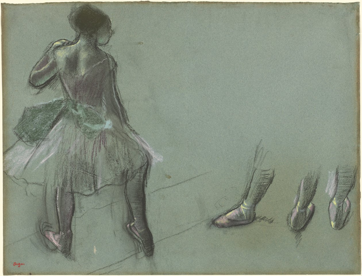 Arkadan Görülen Dancer ve Three Studies of Feet, c.1878 (mavi-gri kağıt üzerine siyah tebeşir ve pastel) by Edgar Degas