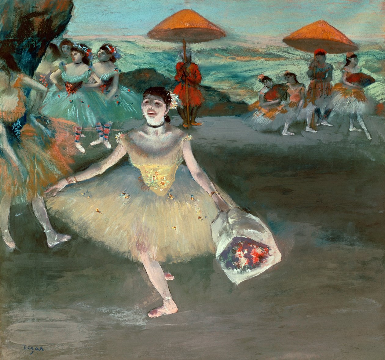 Buketli dansçı, reverans, 1877 (kağıt üzerinde pastel) by Edgar Degas