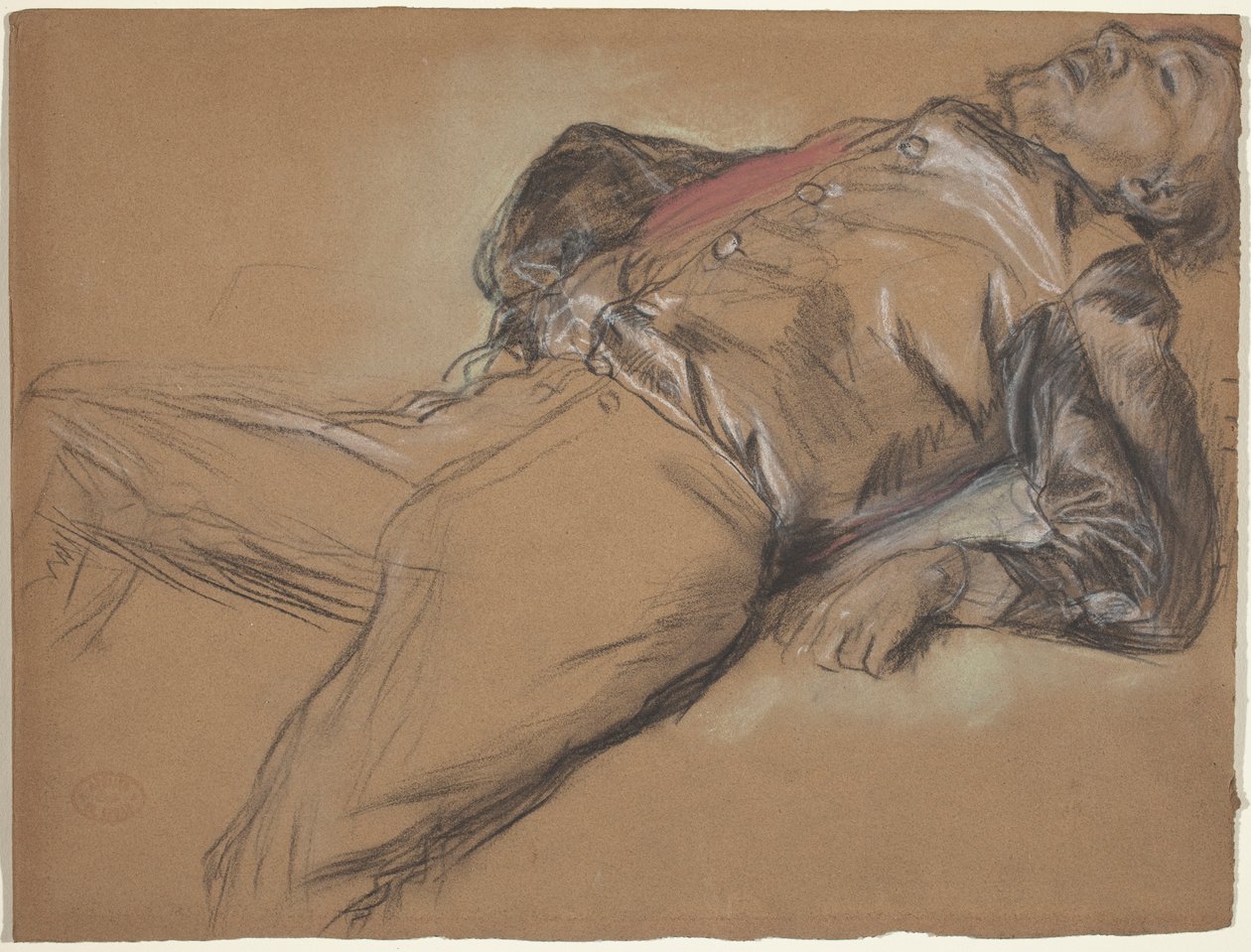 Düşmüş Jokey (Sahneden Engelli Koşu: Düşmüş Jokey için çalışma), c.1866 (kahverengi dokuma kağıt üzerine siyah tebeşir ve pastel) by Edgar Degas