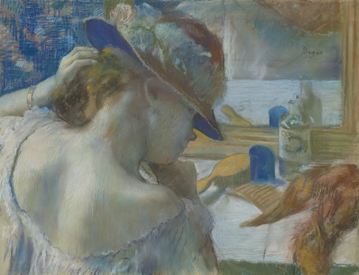 Aynanın Önünde, 1889 (kağıt üzerinde pastel) (çerçevesiz versiyon için bkz. 141380) by Edgar Degas