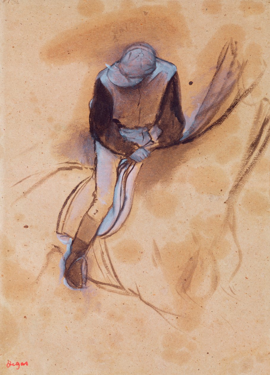 Jokey, eyerde öne eğilerek, 1860-90 (kağıt üzerinde pastel ve karakalem) by Edgar Degas