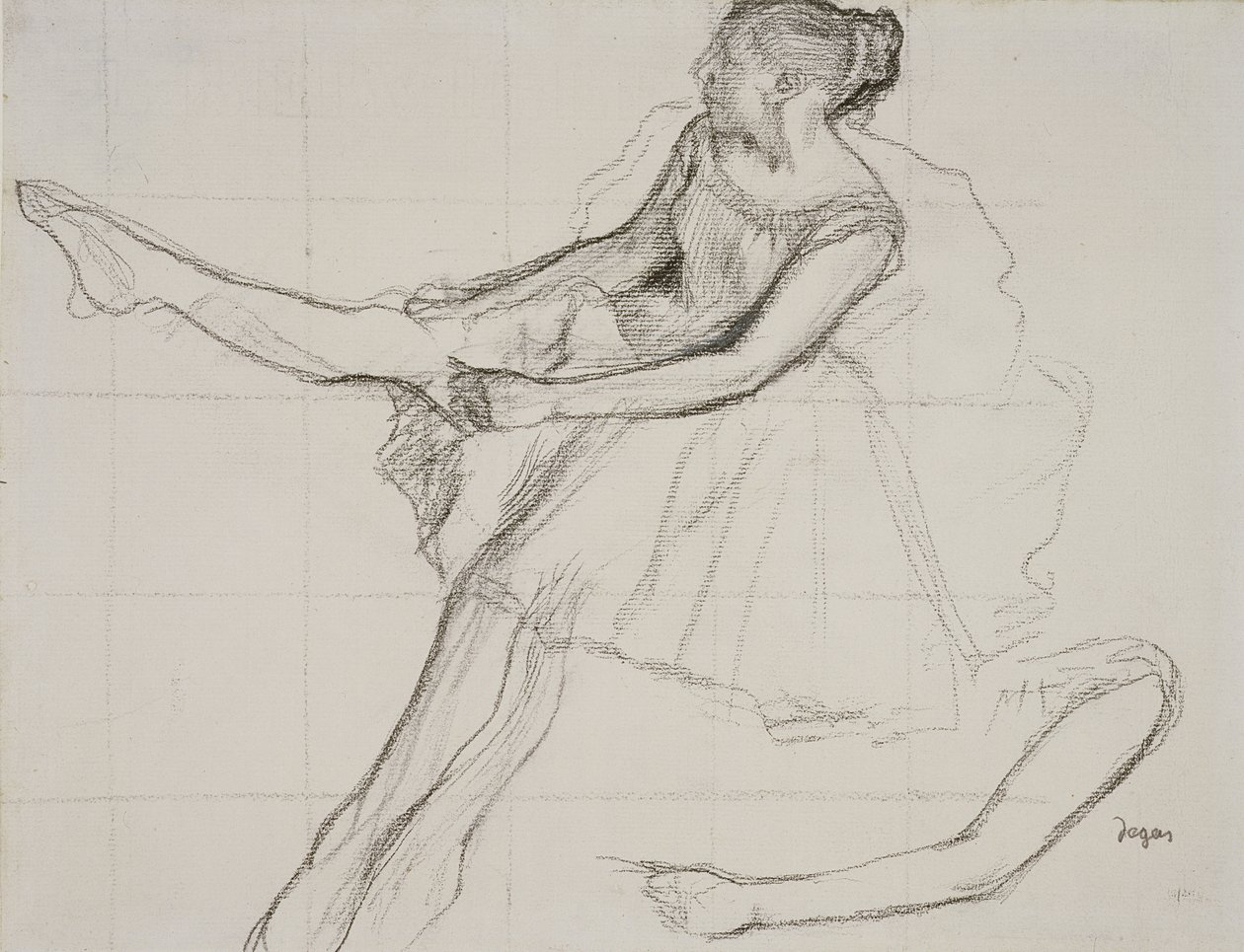 PD.23-1978 Dansçı taytını düzeltiyor, c.1880 (kağıt üzerinde kurşun kalem ve karakalem) by Edgar Degas