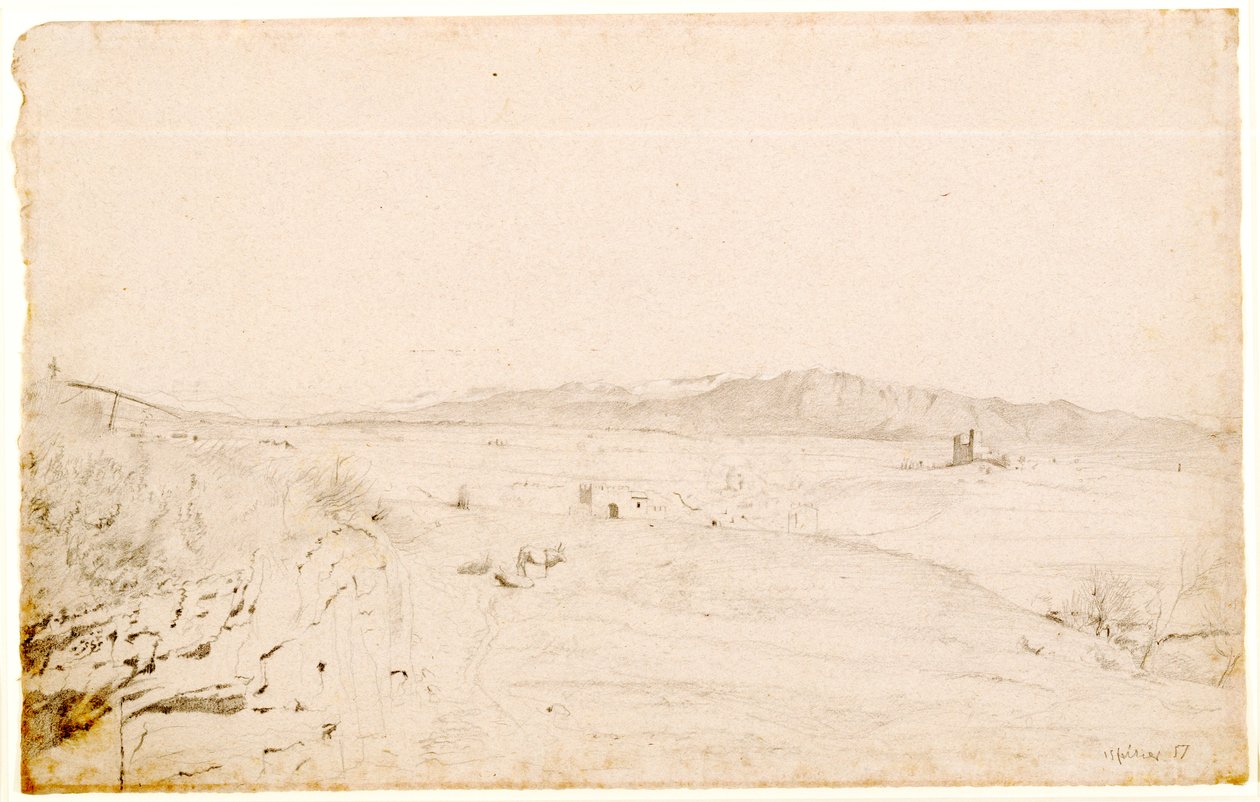Roman Landscape, probably facing Monte Lepini, beyond the town of Velletri, 1857 (graphite on pink wove paper) by Edgar Degas